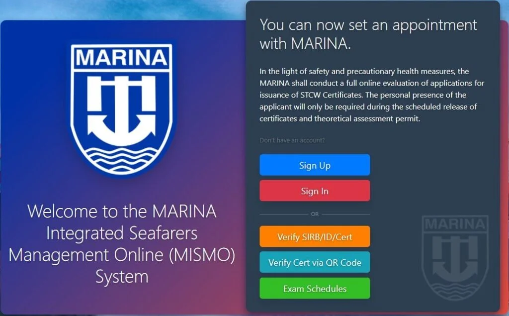 Marina Integrated Seafarers Management Online (MISMO) website